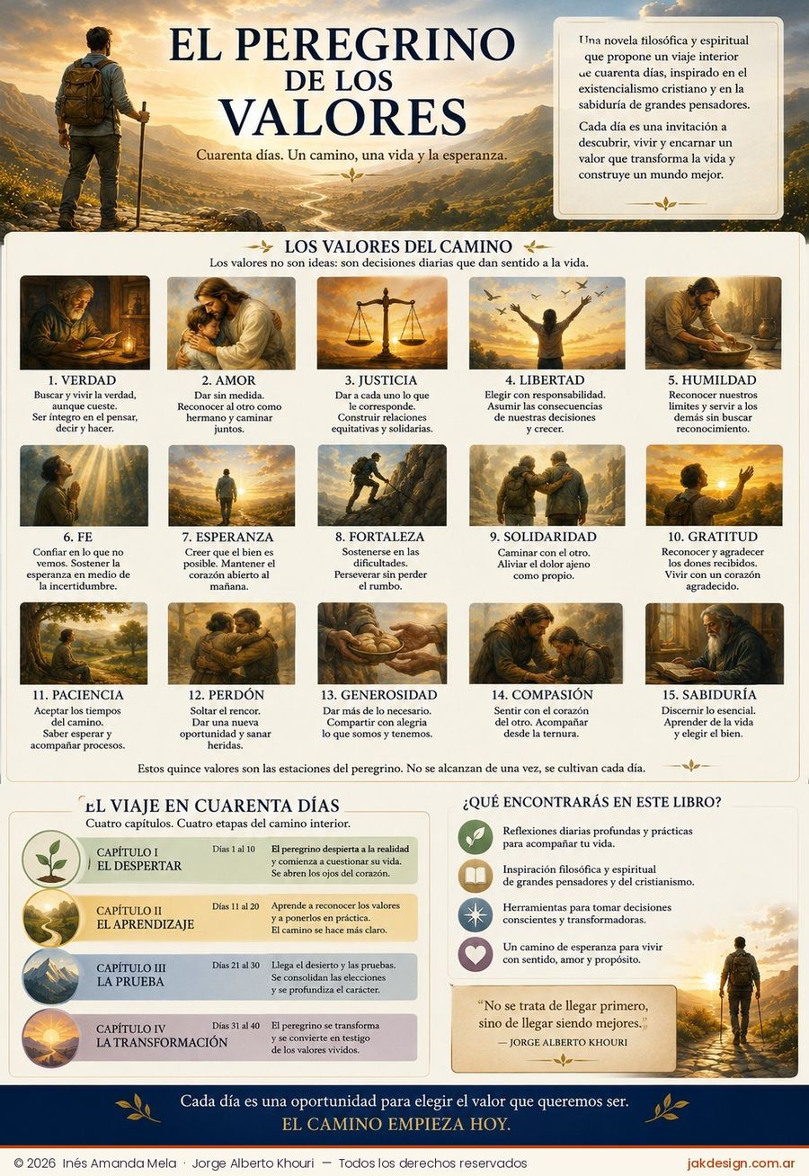 Infografía de El peregrino de los valores: los quince valores del camino y las cuatro etapas del viaje de cuarenta días